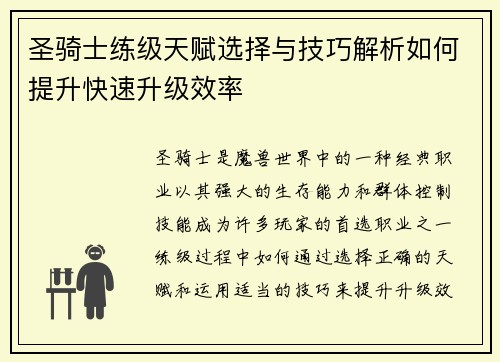 圣骑士练级天赋选择与技巧解析如何提升快速升级效率